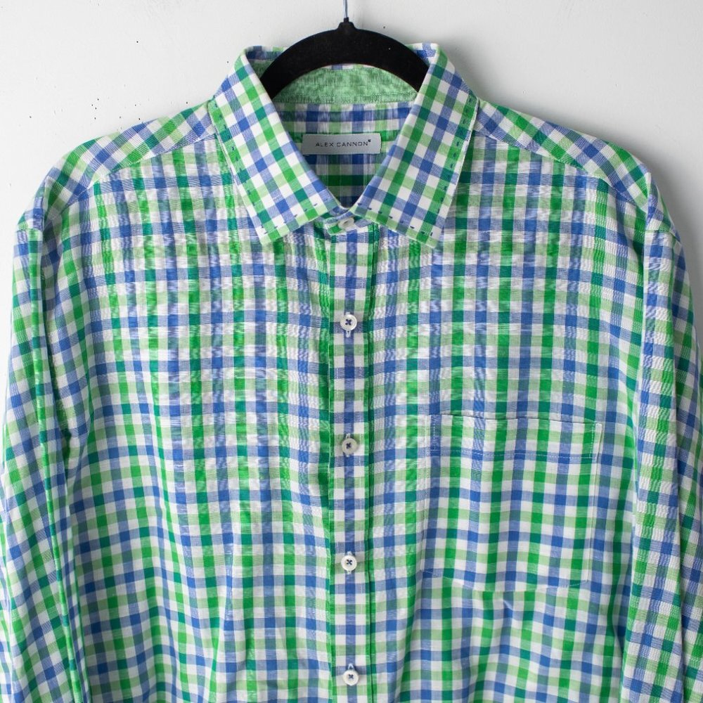 Alex Cannon Men's Long Sleeve Button Up Blue Green Plaid Large - Picture 3 of 10